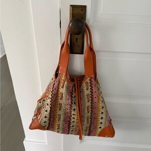 Vibrant Women's Tote Bag with Orange Leather Accents, silver grommets and Ribbon